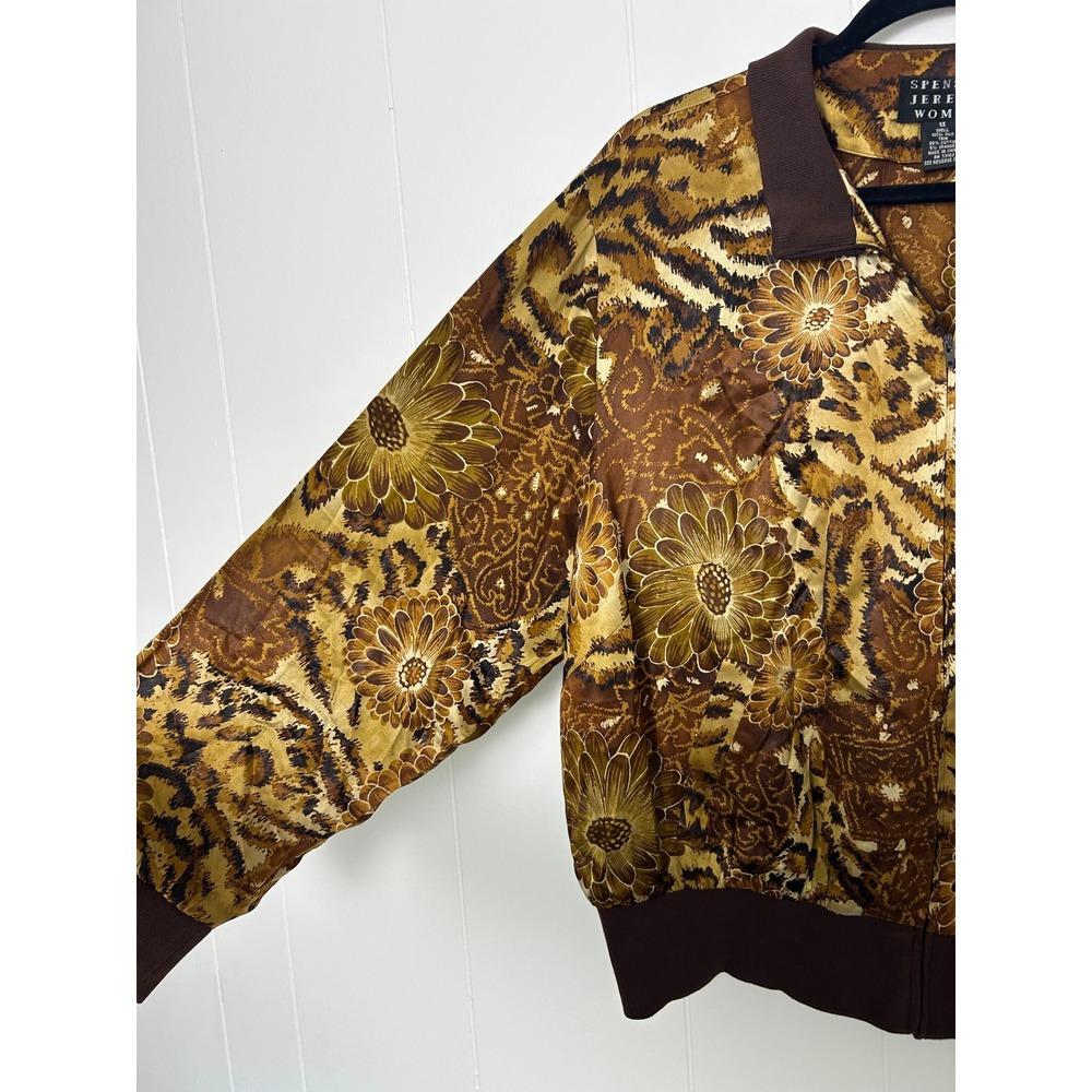 Spenser Jeremy 100% Silk Jacket 1X Brown Leopard Floral Bomber Mob Wife vintage - Picture 4 of 8